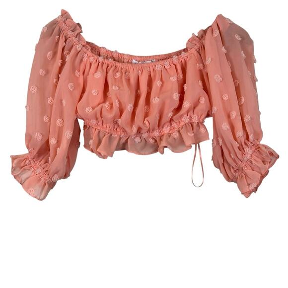 Juliana’s Crop Top Womens M Pink Swiss Dot Sheet Off the Shoulder Cottagecore - Picture 1 of 4